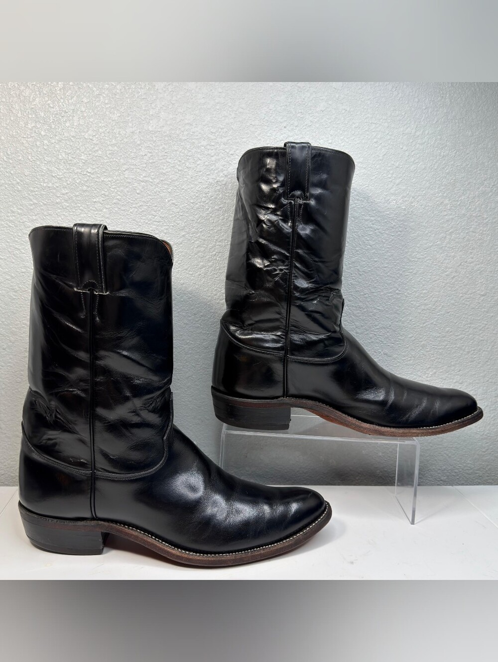 Vintage Justin Black Roper Style 3859 Pull On Cowboy Boots Men Size 12 D Western